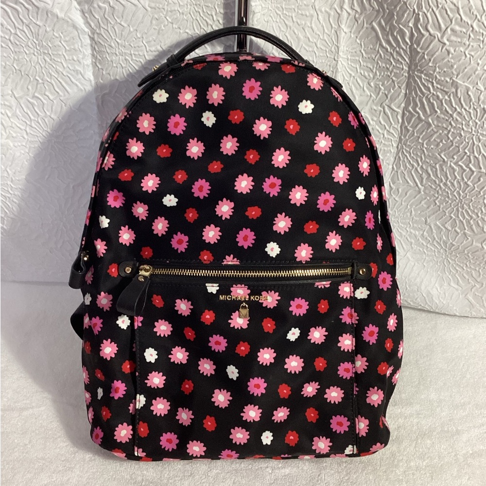 Michael Kors KELSEY Black with Pink Floral Large Nylon Backpack EUC - Picture 2 of 15